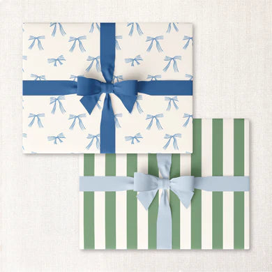 Blue Bows + Lawn Cabana Stripes Double Sided Gift Wrap