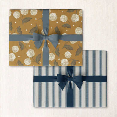 Hydrangea + Denim stripe double sided gift wrap sheet