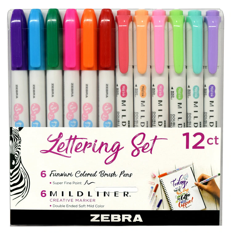 Zebra Lettering Set-- Mildliner & Funwari Brush Pen Set